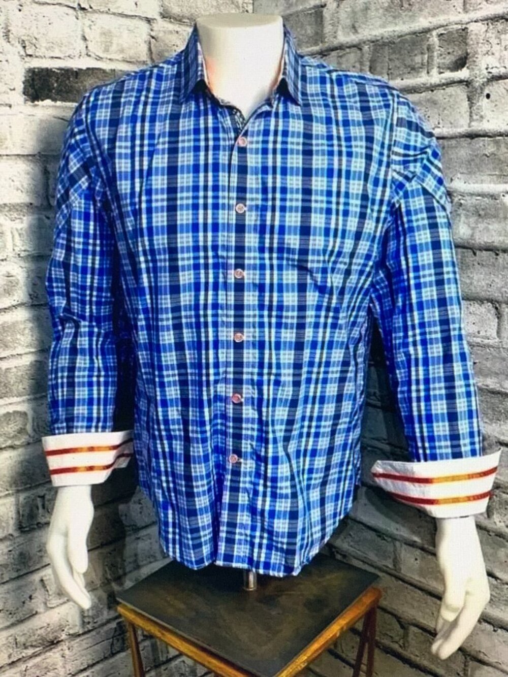Robert Graham Shirt Mens L Blue White Stripe Contrast Flip Cuff Date Night Party